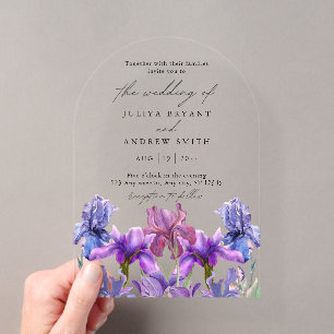 Moderne Aquarell-Iris-Blumenschrift-Hochzeit Acryleinladungen