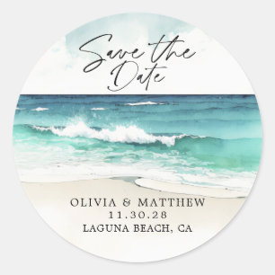 Moderne Aquarell-Ozean-Strand Save-the-Date  Runder Aufkleber
