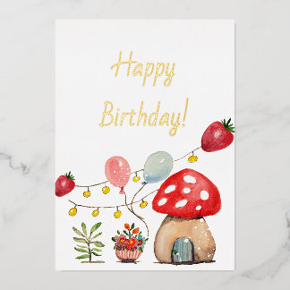 Moderne Aquarell-Pilze und Erdbeeren Folieneinladung