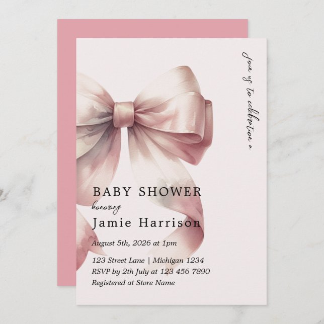 Moderne Aquarell Pink Bow Kinderdusche Einladung (Vorne/Hinten)