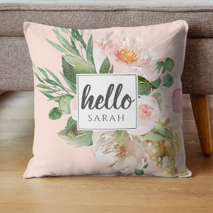 Moderne Aquarell-Rosa-Blumen & Hallo & Name Kissen