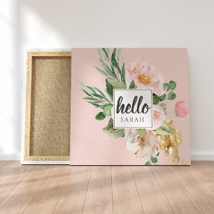 Moderne Aquarell-Rosa-Blumen & Hallo & Name Leinwanddruck