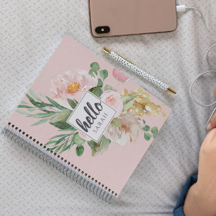 Moderne Aquarell-Rosa-Blumen & Hallo & Name Notizbuch