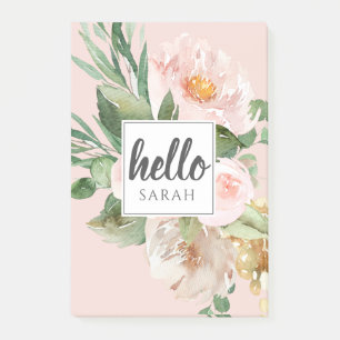 Moderne Aquarell-Rosa-Blumen & Hallo & Name Post-it Klebezettel
