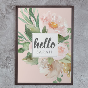 Moderne Aquarell-Rosa-Blumen & Hallo & Name Poster
