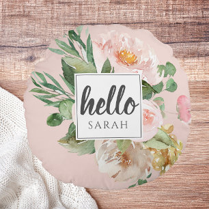 Moderne Aquarell-Rosa-Blumen & Hallo & Name Rundes Kissen