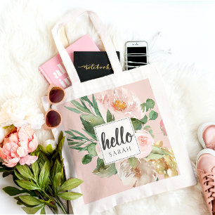 Moderne Aquarell-Rosa-Blumen & Hallo & Name Tragetasche