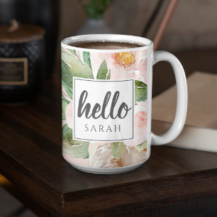 Moderne Aquarell-Rosa-Blumen & Hallo & Name Zweifarbige Tasse