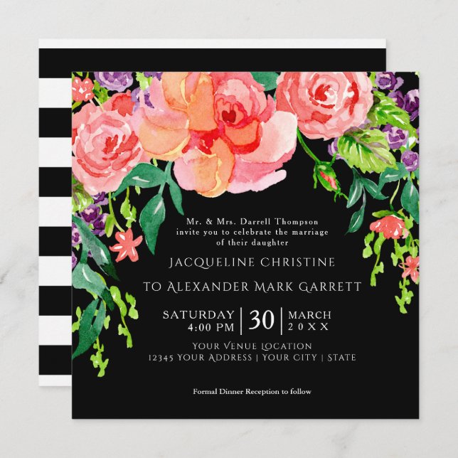 Moderne Aquarell-Rose Floral Wedding Black Ground Einladung (Vorne/Hinten)