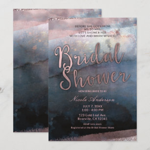 Moderne Aquarell-Roségold- und Blaue Brautparty Einladung