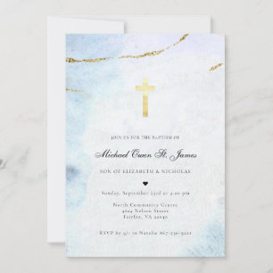 Moderne Aquarell   Taufe in Blau und Gold Einladung