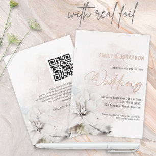 Moderne Aquarell Weiße Blumen QR-Code Hochzeit Folieneinladung