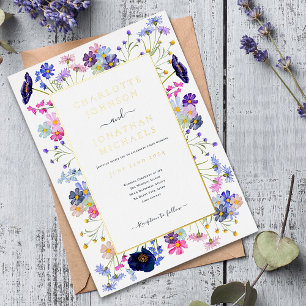 Moderne Aquarell-Wildblumen-Hochzeit in Blau und G Folieneinladung