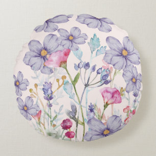 Moderne Aquarell-Wildblumen Rosa Rundes Kissen