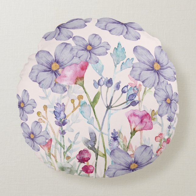 Moderne Aquarell-Wildblumen Rosa Rundes Kissen (Vorderseite)