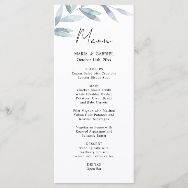 Moderne Aquarellbahn. Airy Wedding Menu Card Menükarte (Vorderseite)