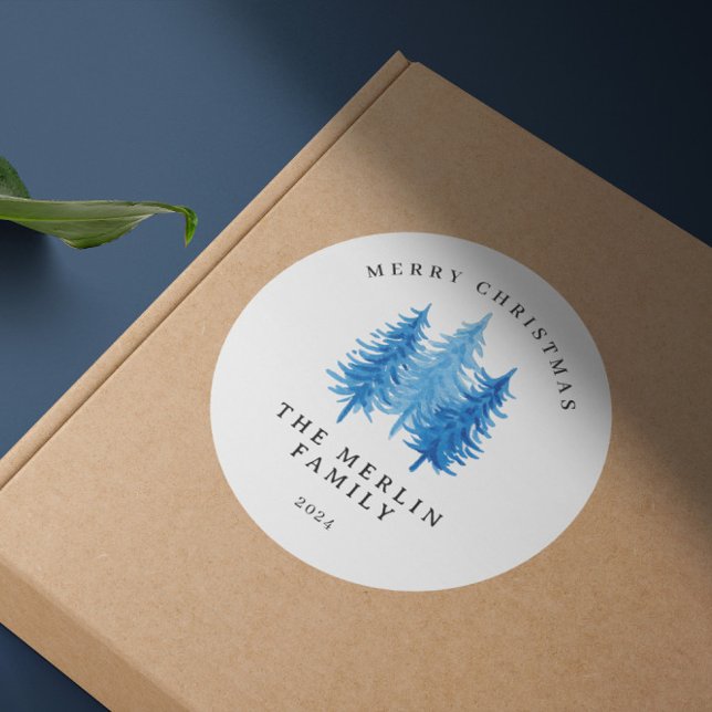 Moderne Aquarellbäume Frohe Weihnachten Runder Aufkleber (Von Creator hochgeladen)