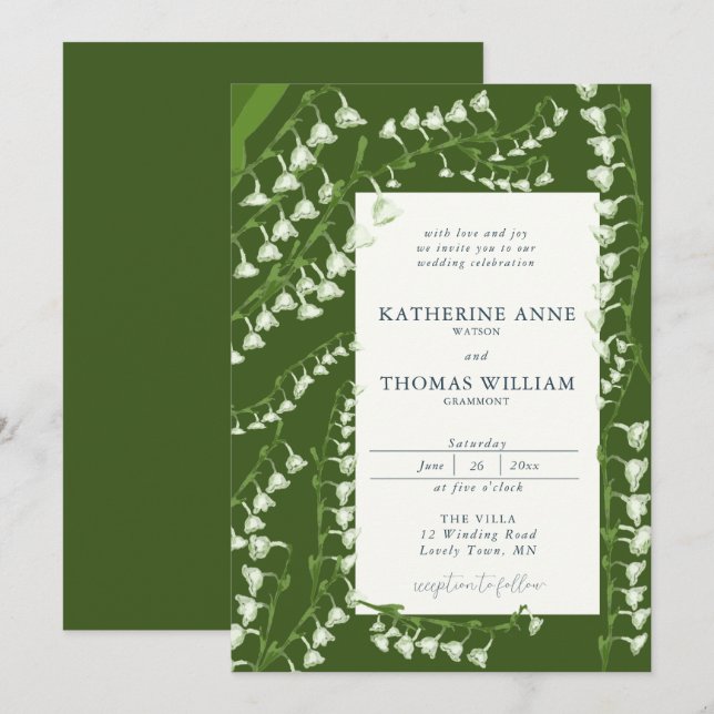 Moderne Aquarellblume Lily Valley Grüne Hochzeit Einladung (Vorne/Hinten)