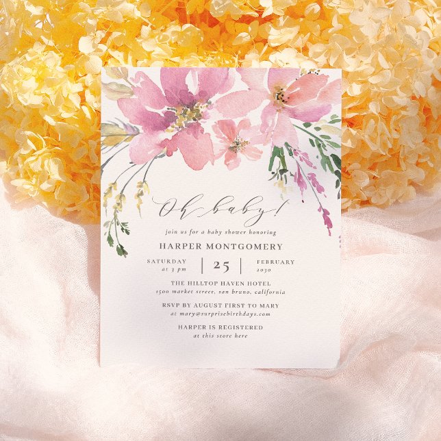 Moderne Aquarellblume Oh Baby Girl Dusche Einladungspostkarte (Von Creator hochgeladen)