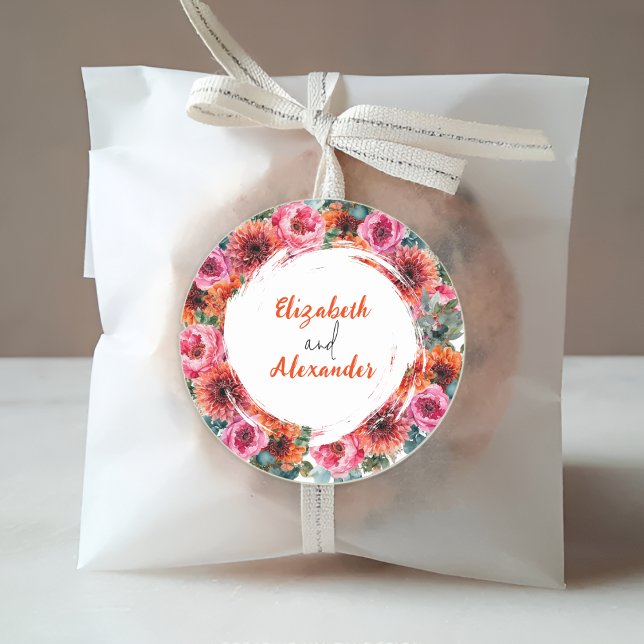 Moderne Aquarellblume Orange & Pink Hochzeit Runder Aufkleber (Von Creator hochgeladen)