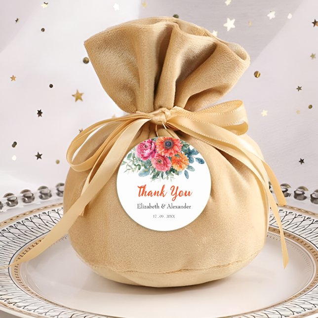 Moderne Aquarellblumen | Orange und Rosa | Hochzei Runder Aufkleber (Von Creator hochgeladen)