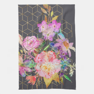 Moderne Aquarellblumen und goldene geometrische Wü Geschirrtuch
