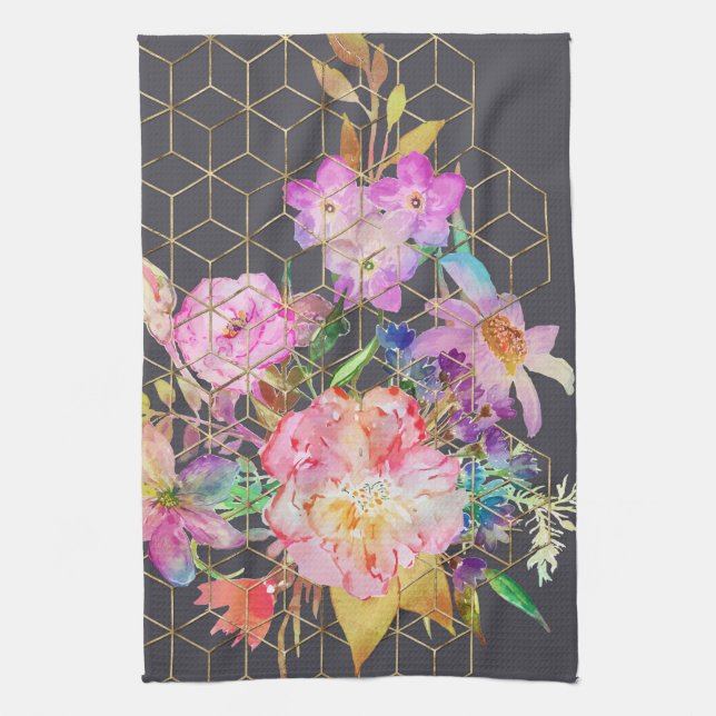 Moderne Aquarellblumen und goldene geometrische Wü Geschirrtuch (Vertikal)