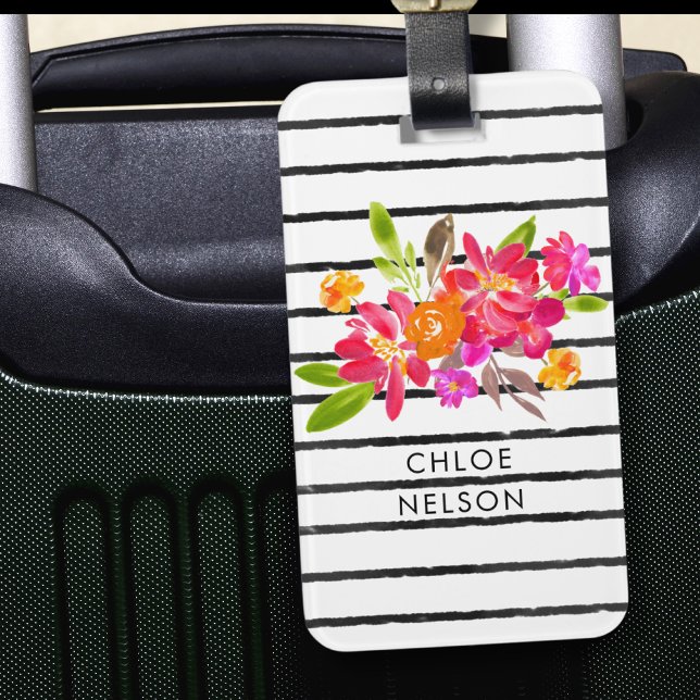 Moderne Aquarellblumen und Streifen Personalisiert Gepäckanhänger (Von Creator hochgeladen)