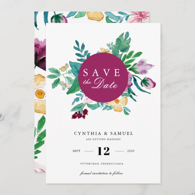 Moderne Aquarellblüten Save the Date Einladung (Vorne/Hinten)