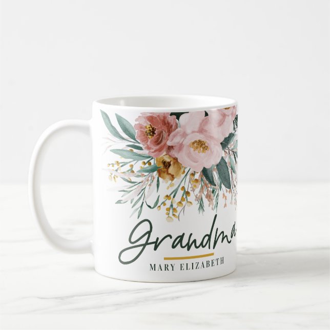Moderne Aquarellblütenschrift elegante Oma Kaffeetasse (Links)