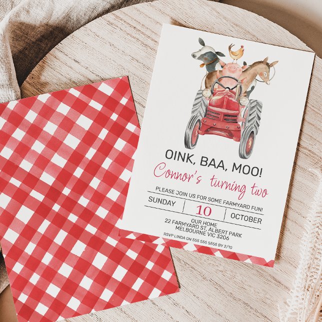 Moderne Aquarellboys werden zum Geburtstag eingela Einladung (Modern farm themed birthday invitation featuring some cute farm animals and red tractor.)