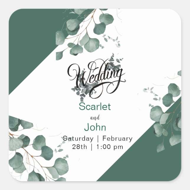 Moderne Aquarellbrunnen-Eukalyptus-Hochzeit Quadratischer Aufkleber (Vorderseite)