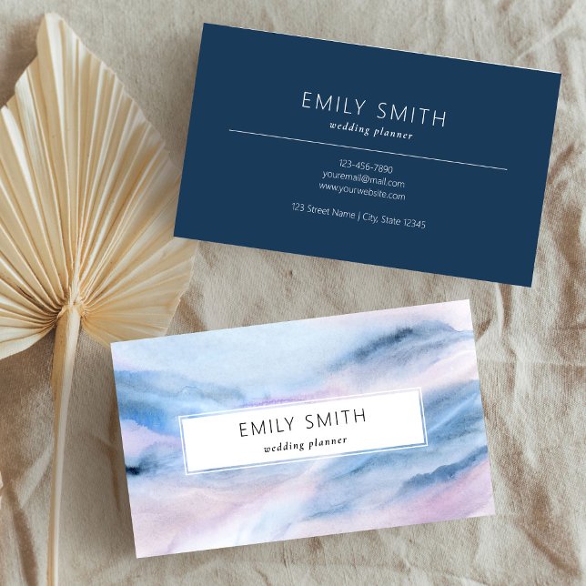 Moderne Aquarellfarbe Abstrakt Blau Rosa Aquamarin Visitenkarte (Simple Elegant Blue Watercolor Abstract)