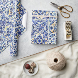 Moderne Aquarellfarbe mediterrane blaue Fliesen Geschenkpapier