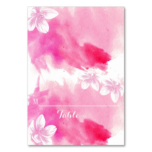 Moderne Aquarellfarbe Rosa Blume Hochzeit Platzkar Tischnummer (Vorderseite)