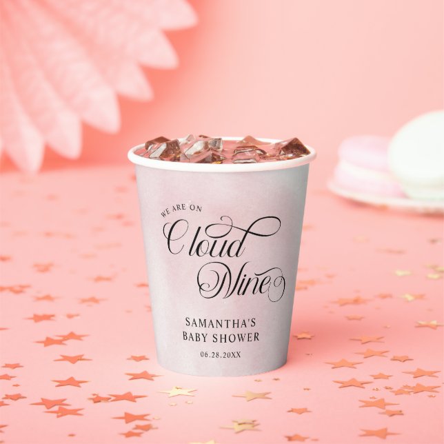 Moderne Aquarellfarbe Rosa Cloud Nine Baby Dusche Pappbecher (Insitu)