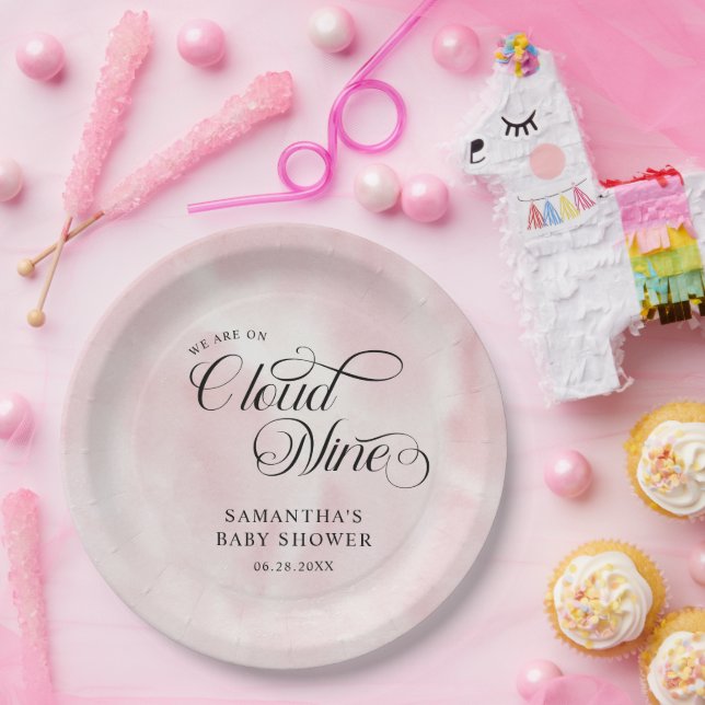Moderne Aquarellfarbe Rosa Cloud Nine Baby Dusche Pappteller (Party)