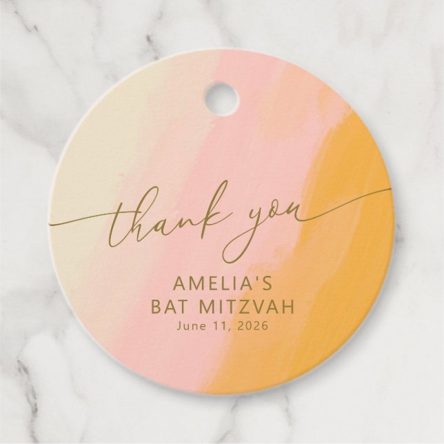 Moderne Aquarellfarbe Rosa Gelbe Bat Mitzvah Geschenkanhänger (Vorderseite)