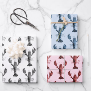 Moderne Aquarellfarbe Schwarz Blauer Rosa Hummer Geschenkpapier Set