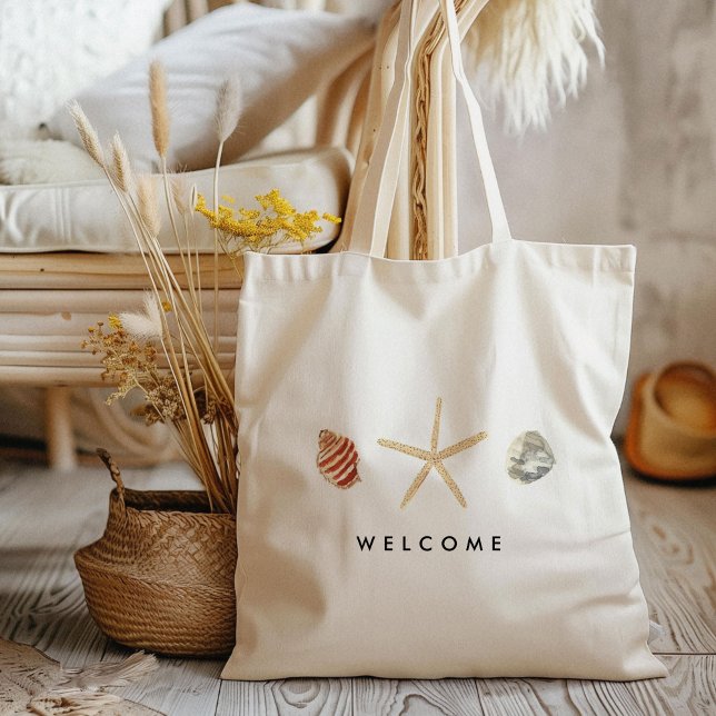 Moderne Aquarellfarben ähneln benutzerdefinierten  Tragetasche (Watercolor seashells wedding welcome tote bag.)