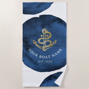 Moderne Aquarellfarben Anker Bootsname Navy Blue h Strandtuch