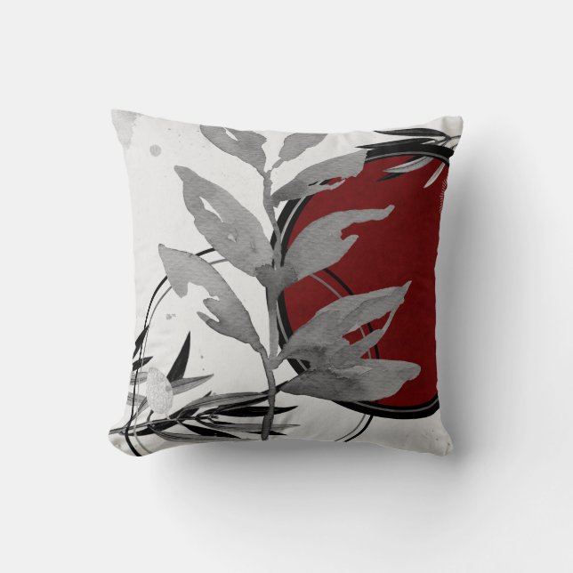 Moderne Aquarellfarben-Blätter | Gray & Burgund Kissen (Vorderseite)