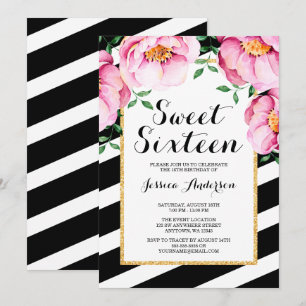 Moderne Aquarellfarben Floral Streifen Sweet 16 Einladung