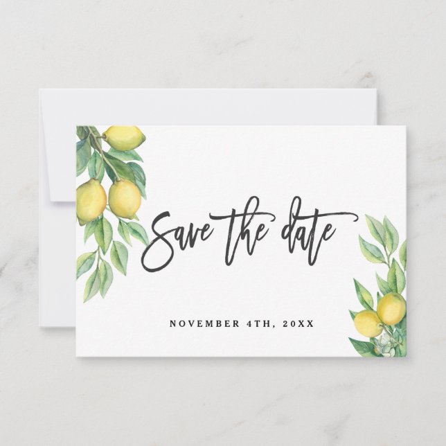Moderne Aquarellfarben Lemon Wedding Typografy Save The Date (Vorderseite)