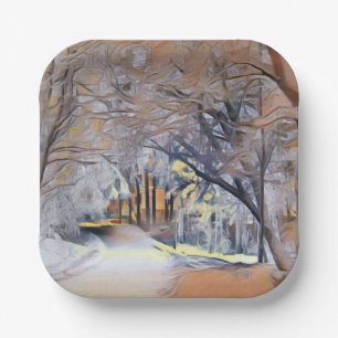 Moderne Aquarellfarben mit bunten, schneebedeckten Pappteller