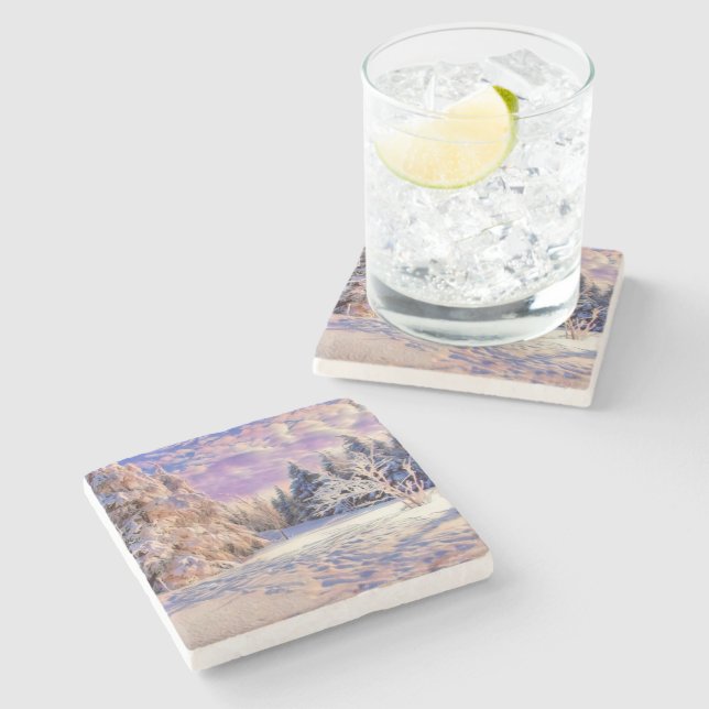 Moderne Aquarellfarben mit bunten, schneebedeckten Steinuntersetzer (Seitenansicht)