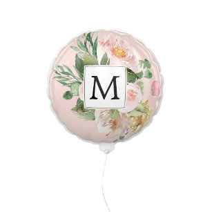 Moderne Aquarellfarben Rosa Blume Mit Monogramm Ballon