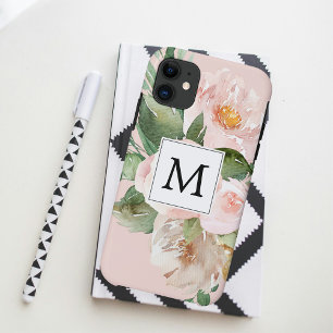 Moderne Aquarellfarben Rosa Blume Mit Monogramm Case-Mate iPhone Hülle