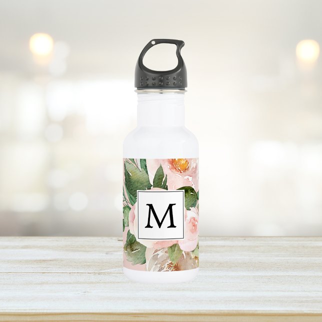 Moderne Aquarellfarben Rosa Blume Mit Monogramm Edelstahlflasche (Von Creator hochgeladen)