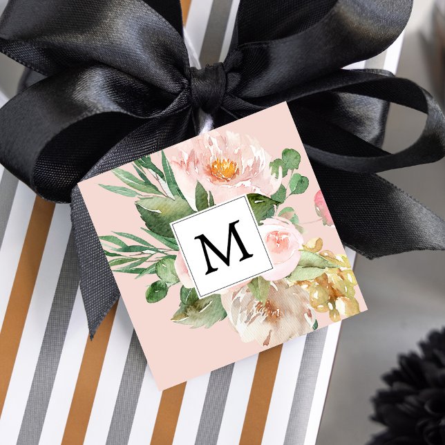 Moderne Aquarellfarben Rosa Blume Mit Monogramm Geschenkanhänger (Von Creator hochgeladen)